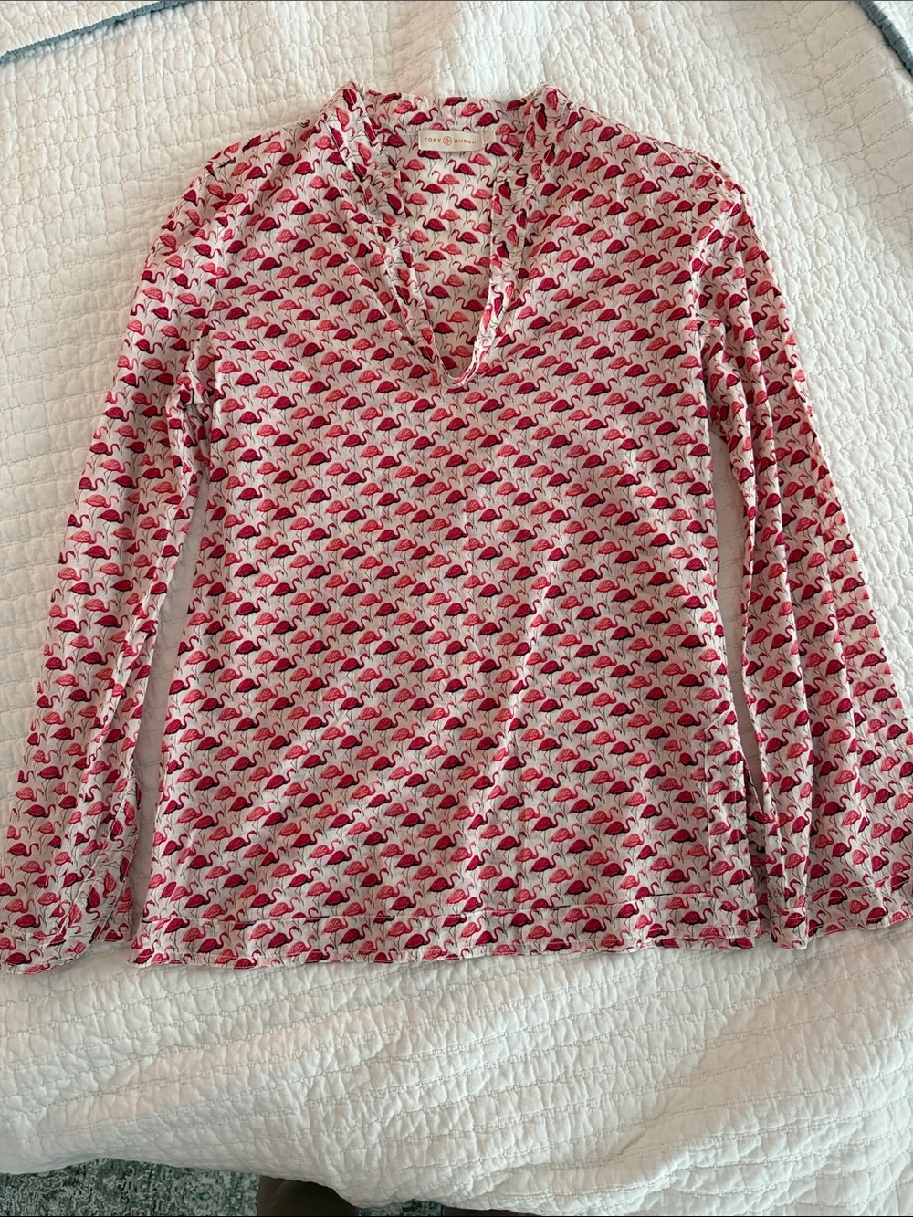 Tory Burch Pink Flamingo-Print Long Sleeve V-Neck Top